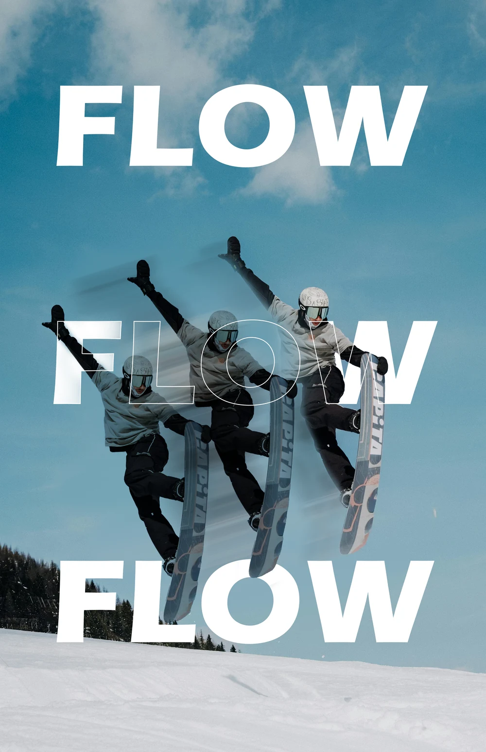Flow poster with a sequential snowboard jump against a blue sky