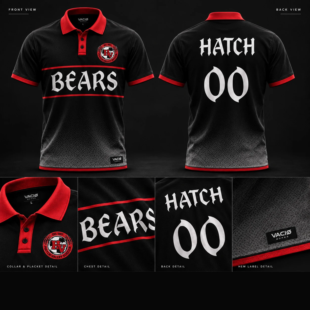 Black and red Hatch Valley Bears soccer jersey concept shown from the front and back