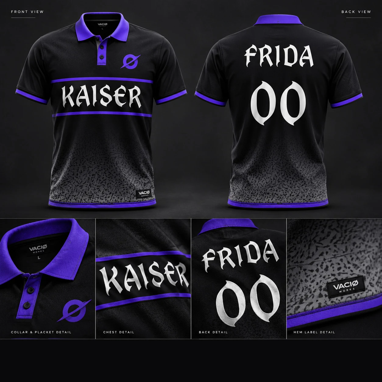 Black and violet Kaiser soccer kit concept shown from the front and back with close-up details