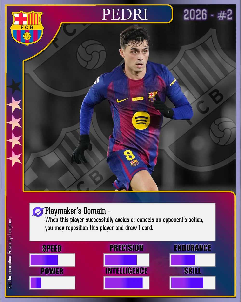 Blue, burgundy, and gold Pedri collectible player card design