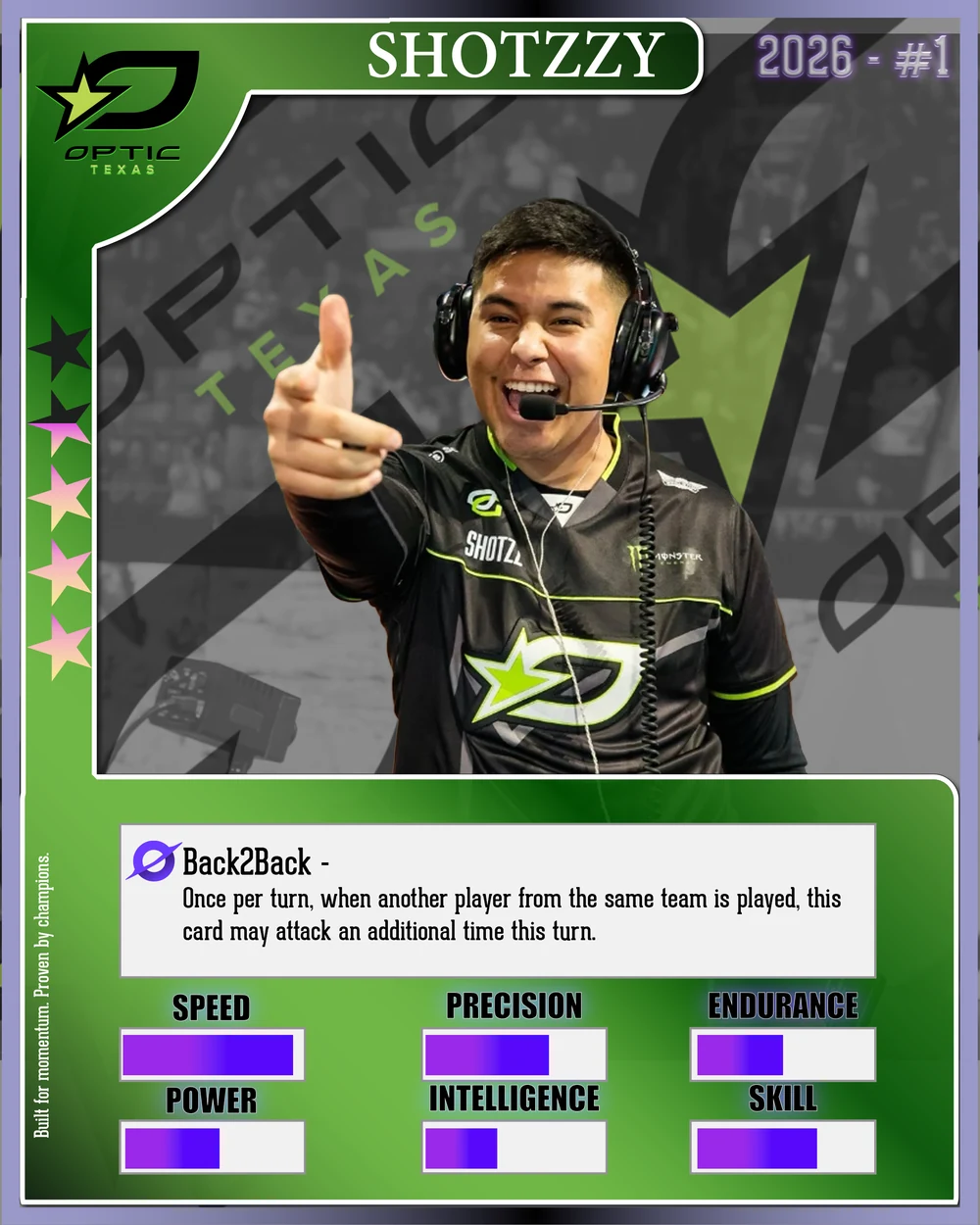 Green and black Shotzzy collectible player card design